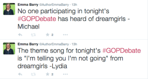 texts from Lydia and Michael re: the GOP debate and Dreamgirls