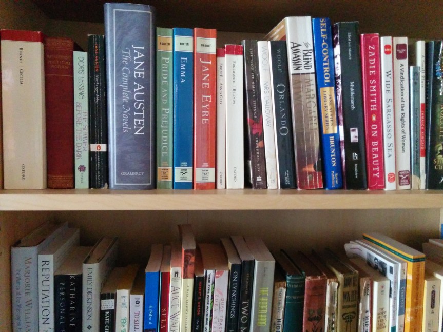 picture of books on shelves, including several titles by the Brontes and Jane Austen