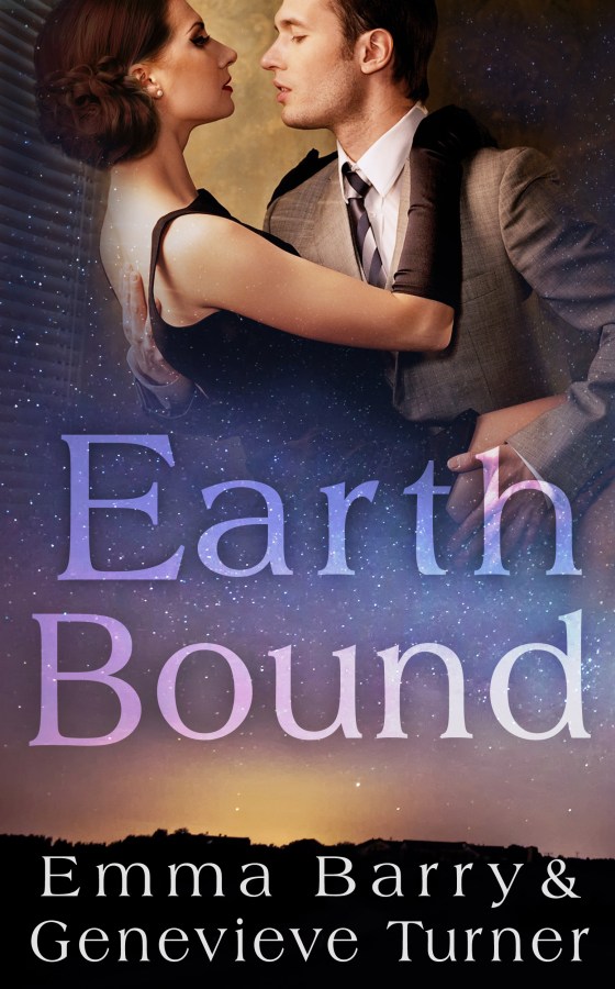 at the top of the image, a man and a woman in mid century clothing embrace. the middle contains the book title (Earth Bound) floating above a sky full of stars. in the bottom are the author names (Emma Barry and Genevieve Turner)