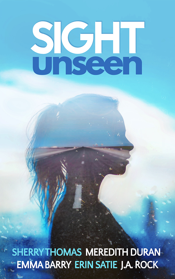 cover with sight unseen at the woman. outline of a woman with a road on her against a blurry blue background
