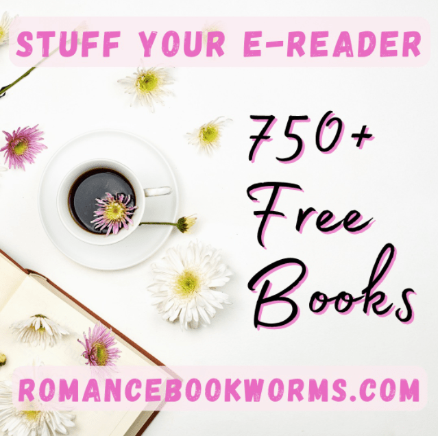 a desktop with an open book and a cup of coffee covered with daisies. the text reads, "stuff your ereader with 750+ free romances. romancebookworms.com.)