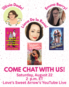 Come chat with us! Pictures of Olivia Dade, Liana De la Rosa, and Emma Barry, plus the covers for World's Okayest Oracle Reluctantly Seeks Demon, Mutual Discord, and You, Me, & the Conspiracy